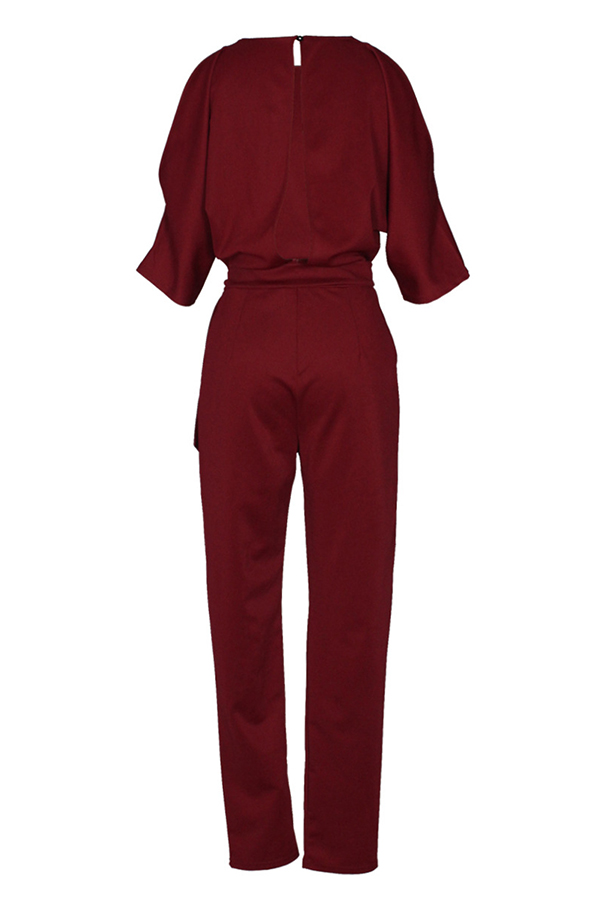  Euramerican Round Neck Dew Shoulder Wine Red Polyester One-piece Jumpsuits