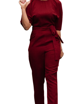  Euramerican Round Neck Dew Shoulder Wine Red Polyester One-piece Jumpsuits