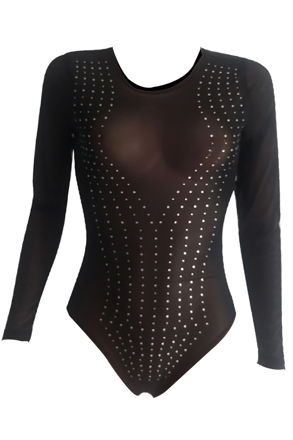  Euramerican Round Neck See-Through Hot Drilling Decorative Black Spandex One-piece Jumpsuits