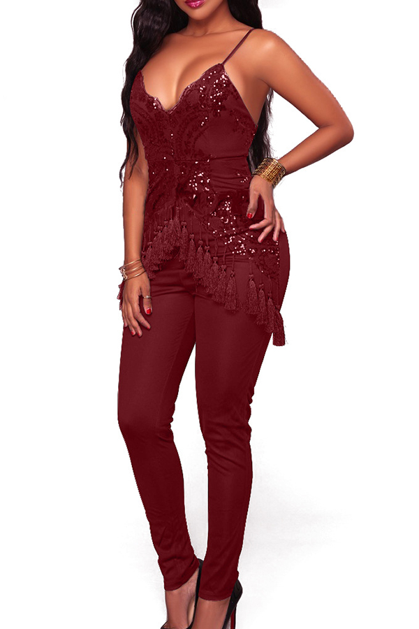  Euramerican Spaghetti Strap Sleeveless Tassel Design Wine Red Spandex One-piece Jumpsuits