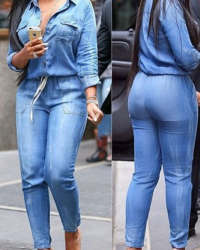  Euramerican Turndown Collar Blue Denim One-piece Jumpsuits