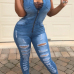 Euramerican Turndown Collar Lace-up Hollow-out Blue Denim One-piece Jumpsuits Euramerican Turndown Collar Lace-up Hollow-out Blue Denim One-piece Jumpsuits