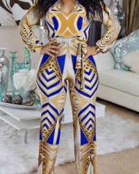  Euramerican V Neck Printed Khaki Cotton Blends One-piece Jumpsuits