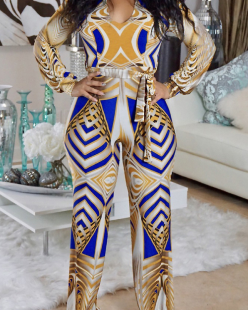 Euramerican V Neck Printed Khaki Cotton Blends One-piece Jumpsuits Euramerican V Neck Printed Khaki Cotton Blends One-piece Jumpsuits