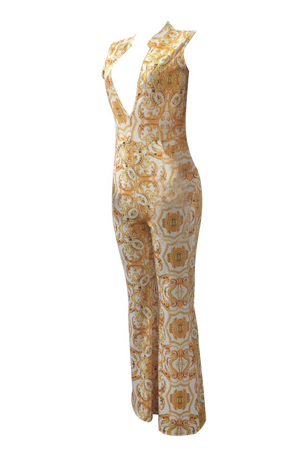  Euramerican V Neck Printed White Polyester One-piece Jumpsuits(Without Belt)
