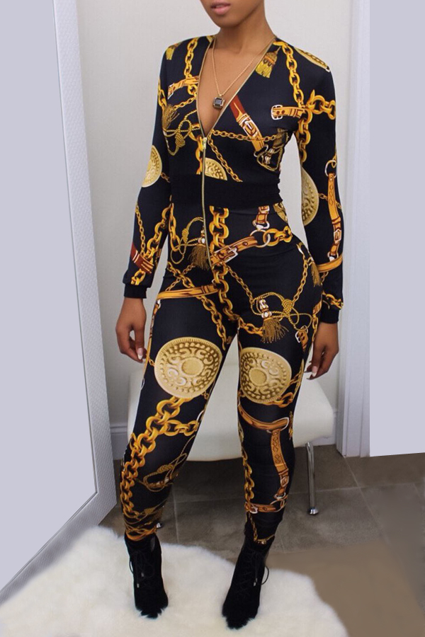  Euramerican V Neck Zipper Design Printed Black Polyester One-piece Jumpsuits