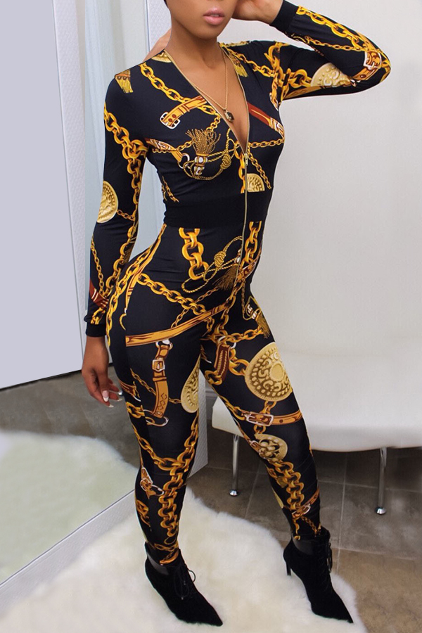  Euramerican V Neck Zipper Design Printed Black Polyester One-piece Jumpsuits