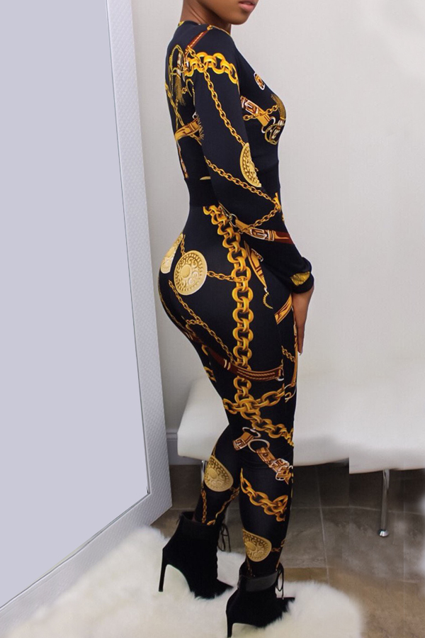  Euramerican V Neck Zipper Design Printed Black Polyester One-piece Jumpsuits