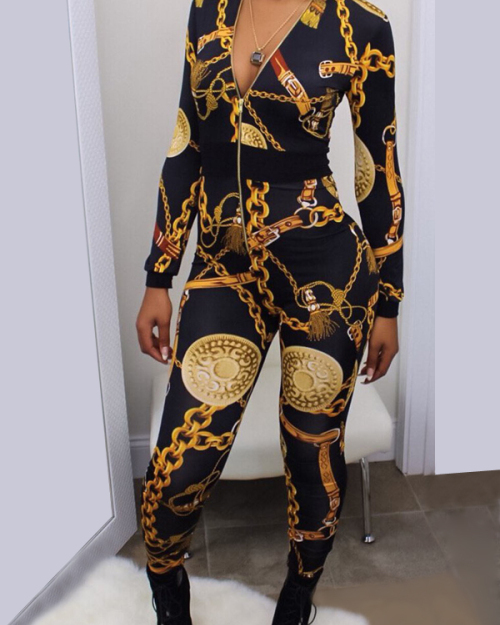 Euramerican V Neck Zipper Design Printed Black Polyester One-piece Jumpsuits Euramerican V Neck Zipper Design Printed Black Polyester One-piece Jumpsuits