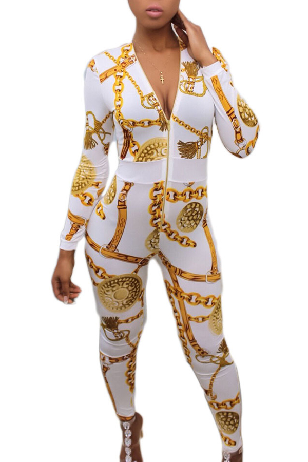  Euramerican V Neck Zipper Design Printed White Polyester One-piece Jumpsuits