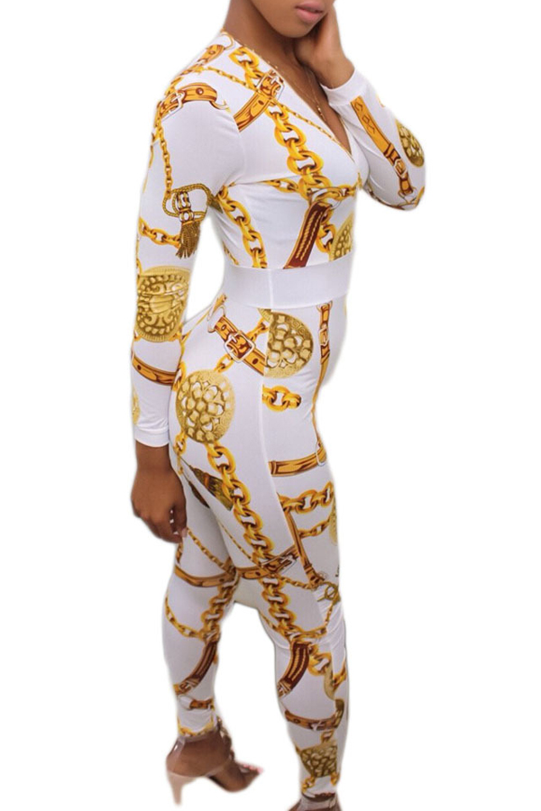  Euramerican V Neck Zipper Design Printed White Polyester One-piece Jumpsuits