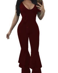  Euramerican V Neck Zipper Design Wine Red Polyester One-piece Jumpsuits