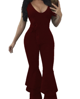  Euramerican V Neck Zipper Design Wine Red Polyester One-piece Jumpsuits