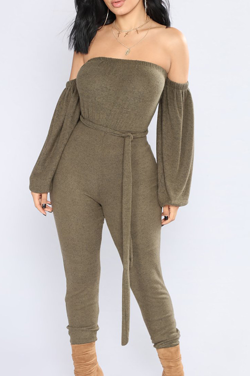  Fashion Bateau Neck Lantern Sleeves Army Green Polyester One-piece Jumpsuits(With Belt)