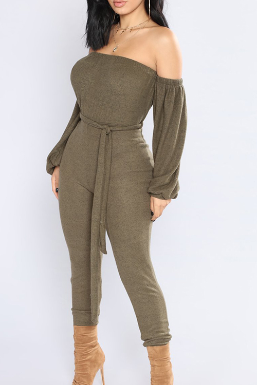  Fashion Bateau Neck Lantern Sleeves Army Green Polyester One-piece Jumpsuits(With Belt)