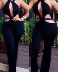  Fashion Round Neck Hollow-out Black Polyester One-piece Jumpsuits