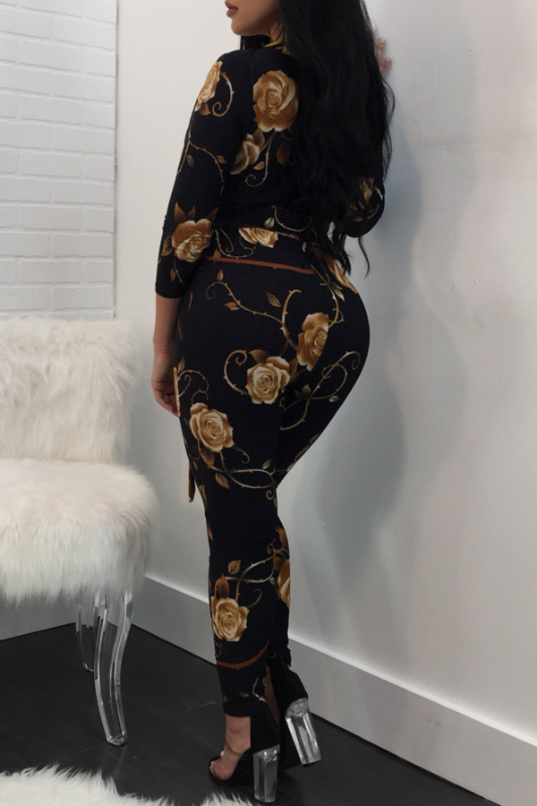  Fashion V Neck Floral Print Black Polyester One-piece Jumpsuits