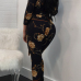  Fashion V Neck Floral Print Black Polyester One-piece Jumpsuits