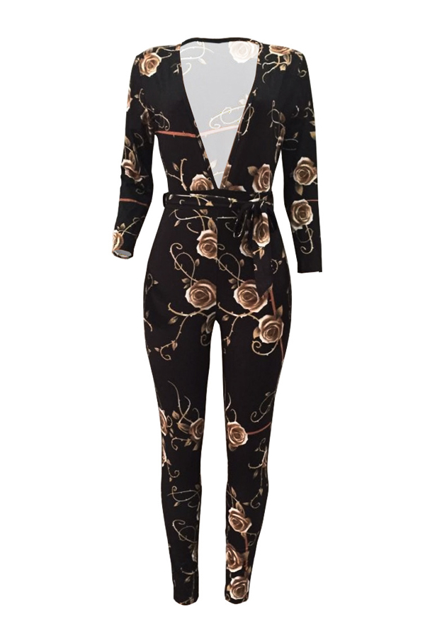  Fashion V Neck Floral Print Black Polyester One-piece Jumpsuits