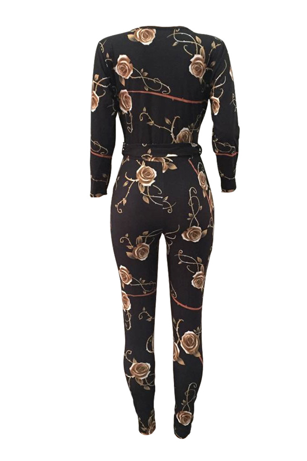 Fashion V Neck Floral Print Black Polyester One-piece Jumpsuits