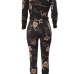  Fashion V Neck Floral Print Black Polyester One-piece Jumpsuits