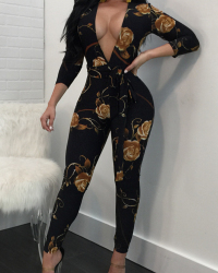  Fashion V Neck Floral Print Black Polyester One-piece Jumpsuits