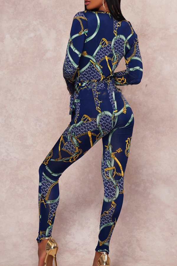  Fashionable Deep V Neck Printed Blue Polyester One-piece Jumpsuits