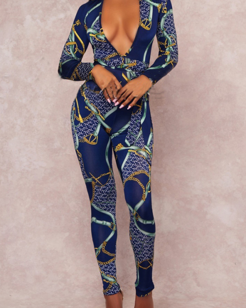 Fashionable Deep V Neck Printed Blue Polyester One-piece Jumpsuits Fashionable Deep V Neck Printed Blue Polyester One-piece Jumpsuits
