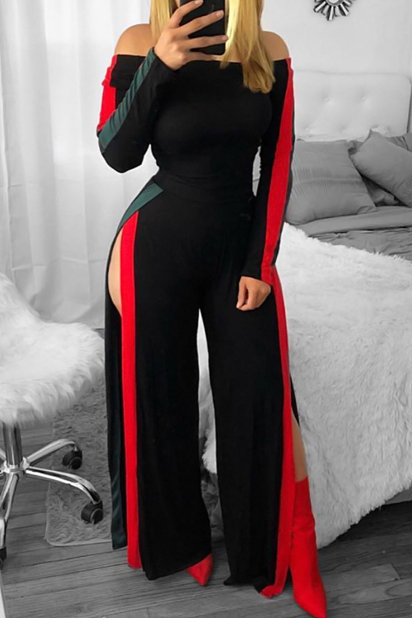  Leisure Bateau Neck Slit Design Black Polyester One-piece Jumpsuits