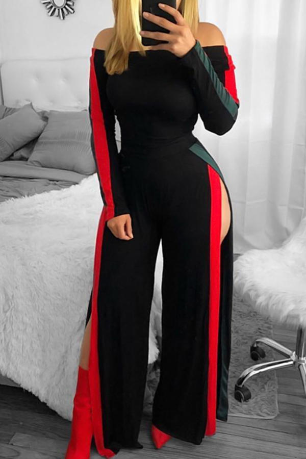  Leisure Bateau Neck Slit Design Black Polyester One-piece Jumpsuits