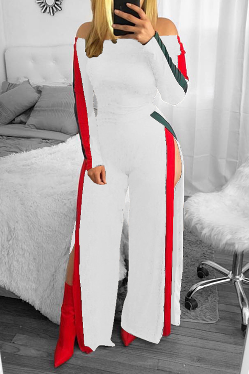  Leisure Bateau Neck Slit Design White Polyester One-piece Jumpsuits