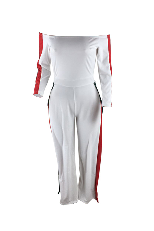  Leisure Bateau Neck Slit Design White Polyester One-piece Jumpsuits