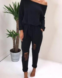  Leisure Dew Shoulder Hollow-out Black Cotton One-piece Jumpsuits