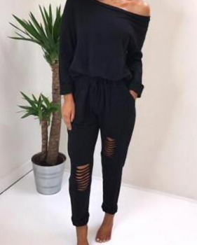  Leisure Dew Shoulder Hollow-out Black Cotton One-piece Jumpsuits
