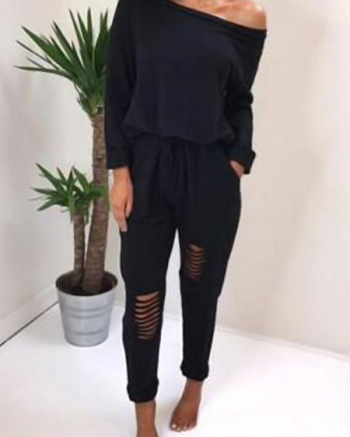 Leisure Dew Shoulder Hollow-out Black Cotton One-piece Jumpsuits Leisure Dew Shoulder Hollow-out Black Cotton One-piece Jumpsuits