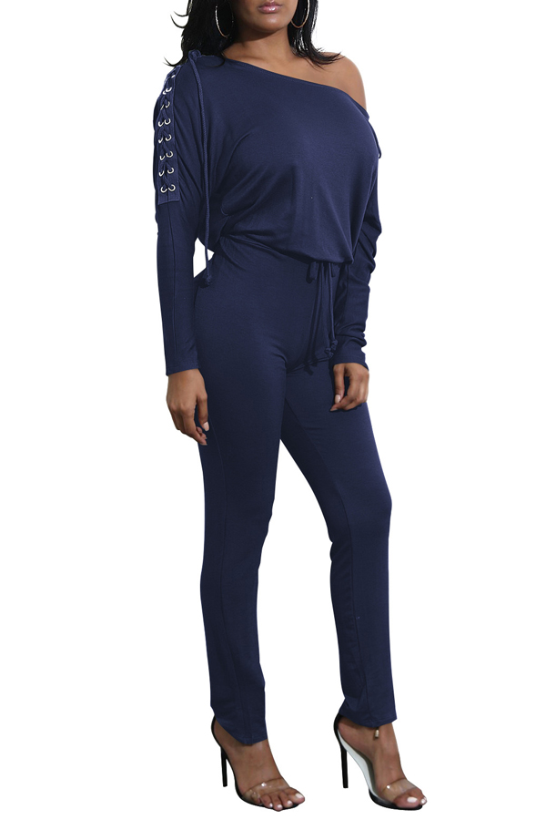  Leisure Dew Shoulder Royalblue Polyester One-piece Jumpsuits