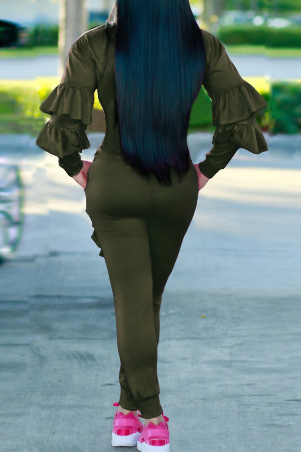  Leisure Round Neck Ruffles Patchwork Army Green Polyester One-piece Jumpsuits