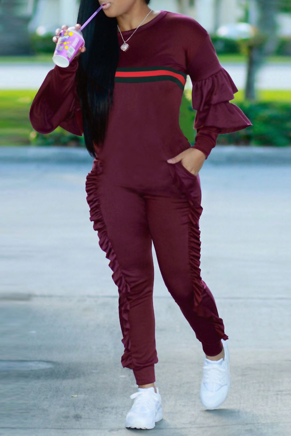  Leisure Round Neck Ruffles Patchwork Purplish Red Polyester One-piece Jumpsuits