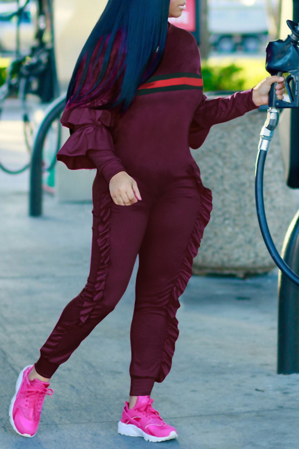  Leisure Round Neck Ruffles Patchwork Purplish Red Polyester One-piece Jumpsuits
