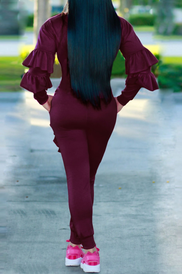  Leisure Round Neck Ruffles Patchwork Purplish Red Polyester One-piece Jumpsuits