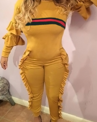  Leisure Round Neck Ruffles Patchwork Yellow Polyester One-piece Jumpsuits