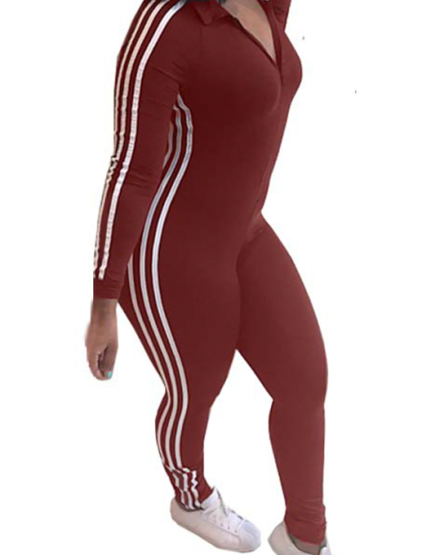 Leisure Striped Patchwork Jujube-red Polyester One-piece Jumpsuits Leisure Striped Patchwork Jujube-red Polyester One-piece Jumpsuits