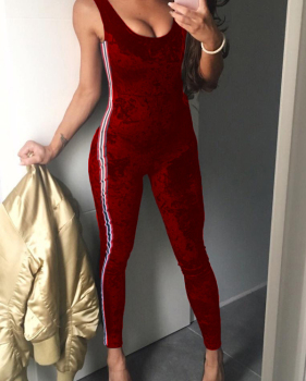  Leisure U-shaped Neck Patchwork Wine Red Velvet One-piece Jumpsuits