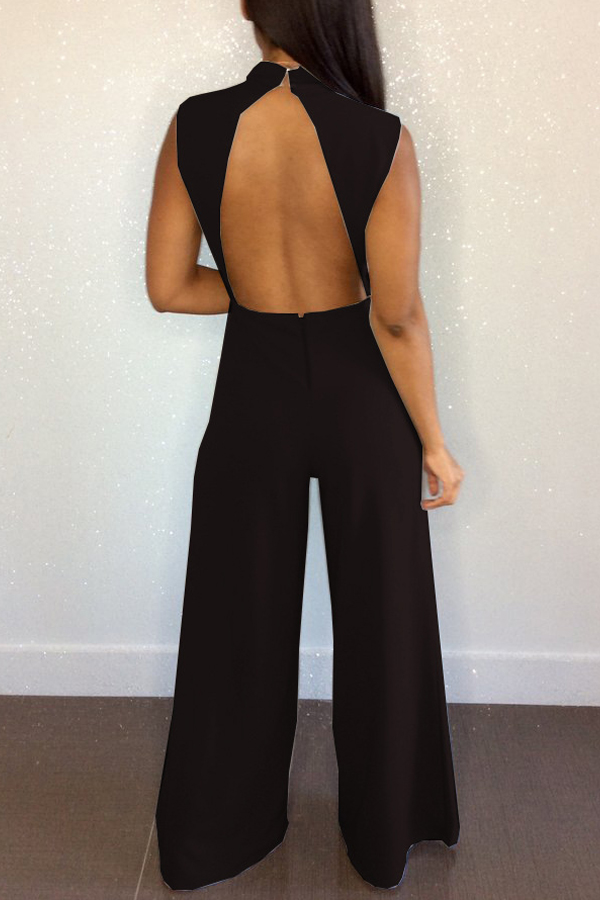  Sexy Deep V Neck Backless Black Polyester One-piece Jumpsuits