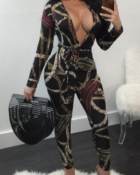  Sexy Deep V Neck Floral Print Black Polyester One-piece Jumpsuits