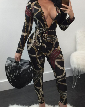  Sexy Deep V Neck Floral Print Black Polyester One-piece Jumpsuits