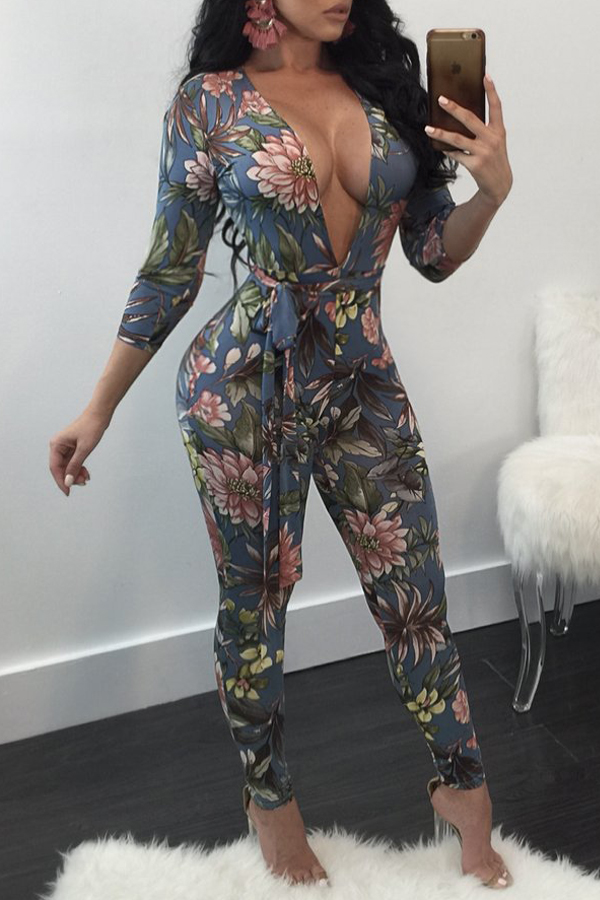  Sexy Deep V Neck Floral Print Blue Polyester One-piece Jumpsuits
