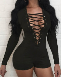  Sexy Deep V Neck Hollow-out Black Cotton Blends One-piece Skinny Jumpsuits