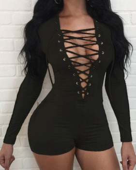  Sexy Deep V Neck Hollow-out Black Cotton Blends One-piece Skinny Jumpsuits