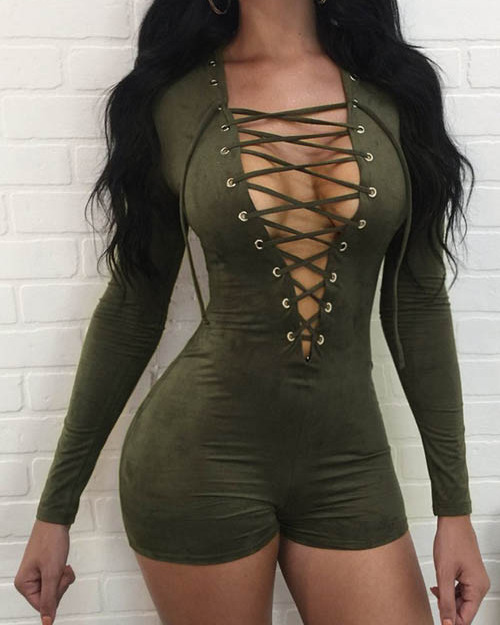 Sexy Deep V Neck Hollow-out Green Cotton Blends One-piece Skinny Jumpsuits Sexy Deep V Neck Hollow-out Green Cotton Blends One-piece Skinny Jumpsuits